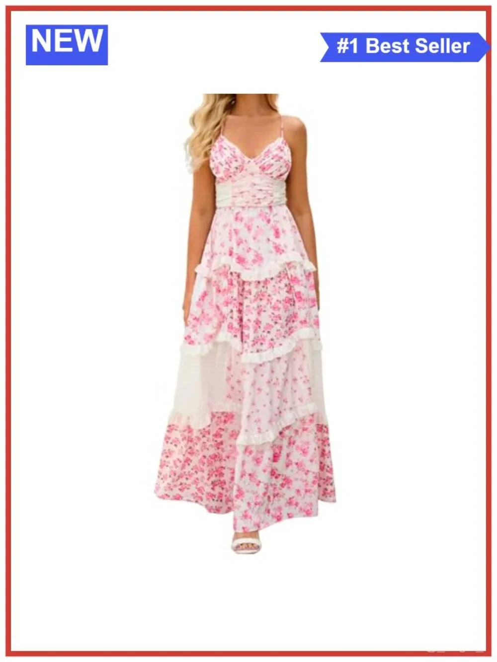 Bohemian Floral Maxi Dress Spaghetti Strap V-Neck Patchwork Tiered
